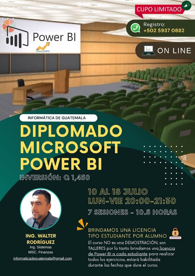 Diplomado Microsoft Power BI
Informática De Guatemala
WhatsApp: +502 5937 0882
>>> Aceptamos Tarjetas De Crédito / Visa Cuotas <<<
💳 Visa y MasterCard