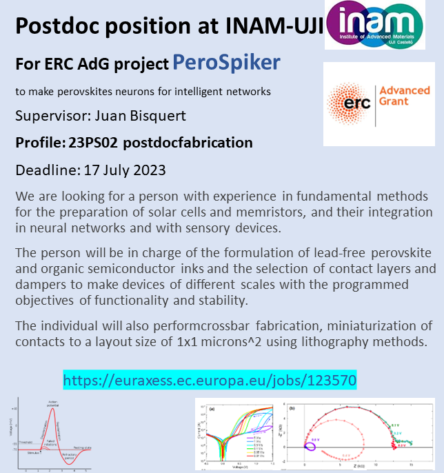 physolcell's tweet photo. Postdoctoral fellowship at the Institute of Advanced Materials at UJI, Spain, for an @ERC_Research  AG project, directed by Juan Bisquert.
 We seek a postdoc expert in perovskite and memristor device preparation. Deadline for applications is 17th July 2023
https://t.co/bQrREYyu6P https://t.co/QAlzHOZL7W