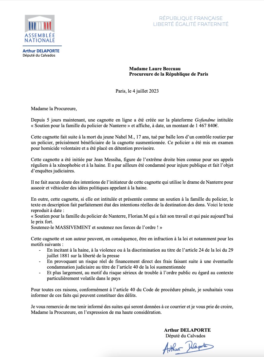 ArthurDelaporte's tweet photo. 👉 Cagnotte en ligne en faveur d'un policier accusé d'homicide volontaire et initiée par l'extrême droite : je saisis ce jour la Procureure de la République au titre de l'article 40. 

J'y développe les raisons pour lesquelles, cette cagnotte pourrait être considérée comme illégale. Cette cagnotte doit fermer.