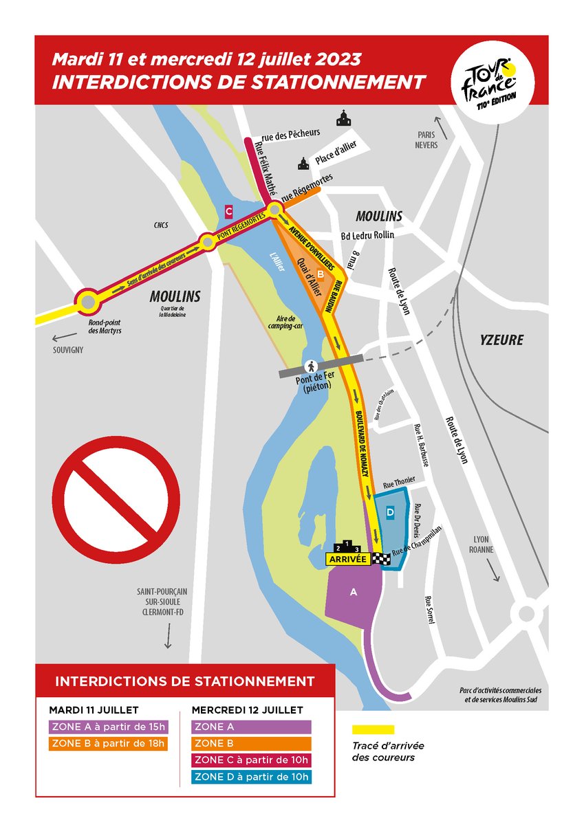 #TdF2023 
Plus que 8 jours avant l'arrivée de la 11ème étape du Tour de France à #Moulins
Pour profiter pleinement de la fête, mémorisez les infos de circulation et de stationnement le 12 juillet 👇