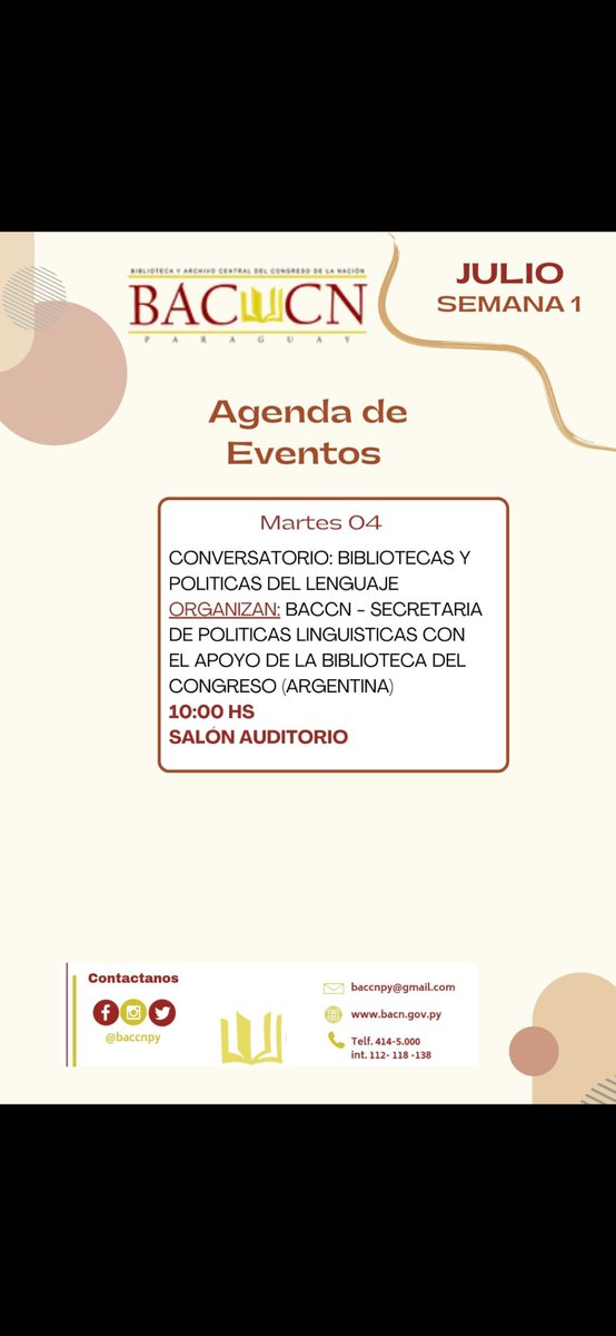 Se desarrolla hoy, junto con la <a href="/splpns/">pns</a> y con el apoyo de la @bcnargentina, el conversatorio: "Bibliotecas y políticas del lenguaje".

🗓️Martes 4 de Julio
🕙10:00 hs.
📍Salón auditorio de la Biblioteca del Congreso de la República de #Paraguay 🇵🇾.

instagram.com/p/CuFDTW9Ls4k/…