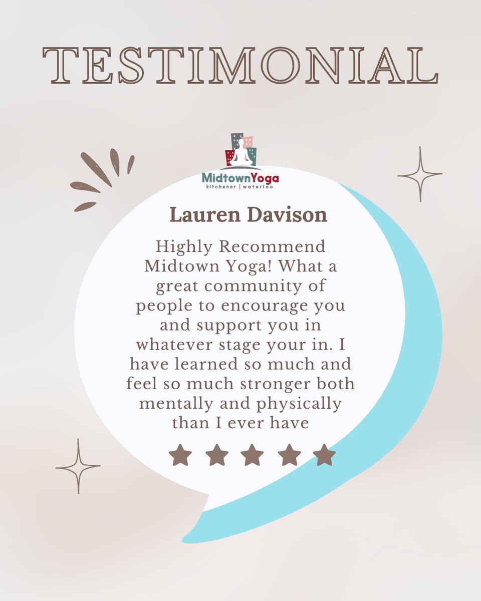 We love hearing what our yogi's have to say about their experience here at Midtown Yoga Kitchener Waterloo.
If you have not tried one of our many classes yet send us a message! We would love to have you at our studio!