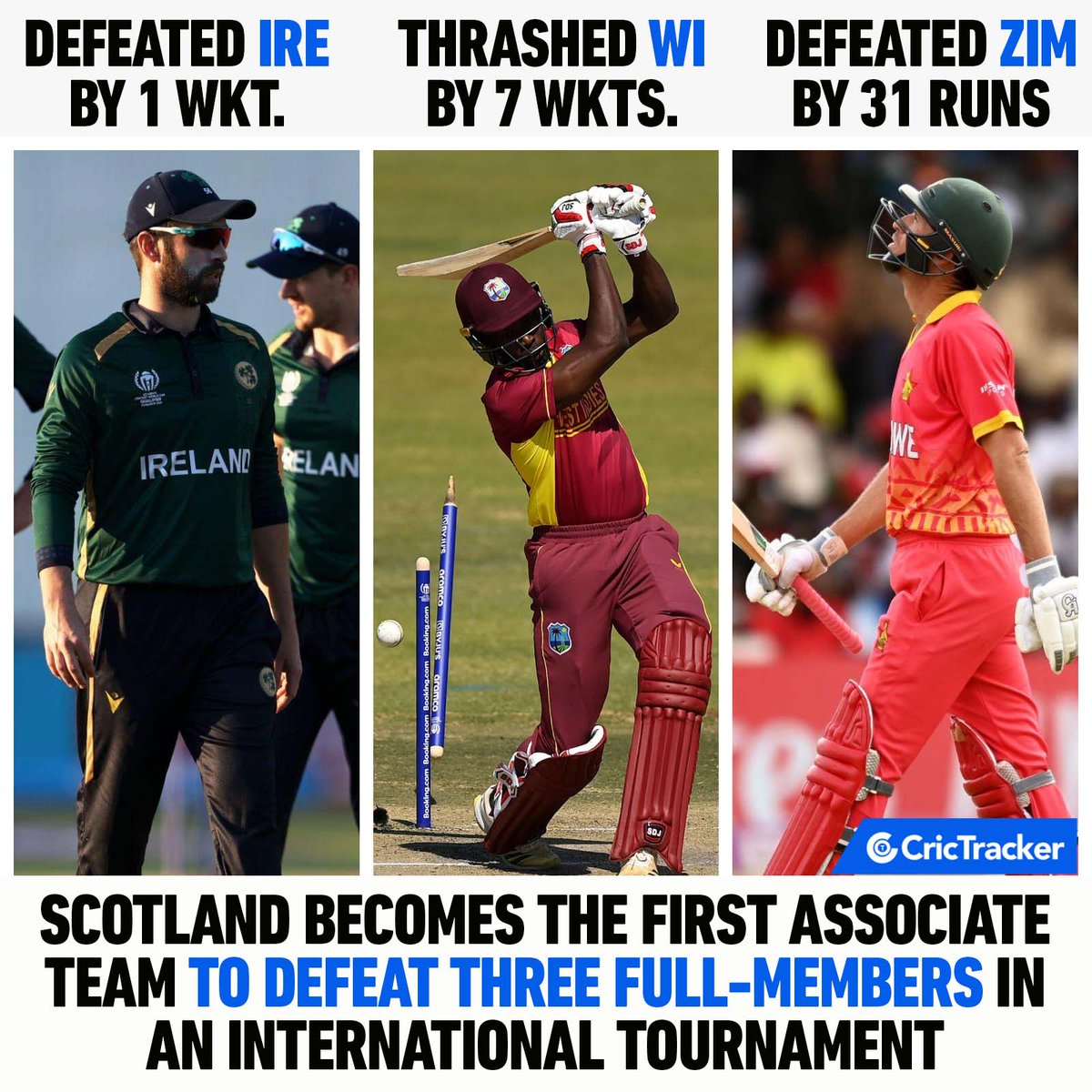 Cricketracker's tweet photo. Scotland makes a groundbreaking achievement as the first Associate team to conquer three full members in an international tournament.

#ZIMvsSCO https://t.co/dcjXUV7V9e