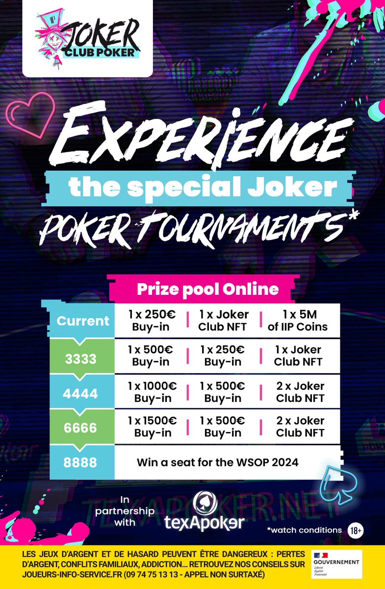JokerClubSpirit's tweet photo. Joker Club on the road to the WSOP Las Vegas 2024 🏆

Let us introduce you to the progressive prize pool : the more Jokers minted, the bigger the prize pool 🚀🎉

#Poker #WSOP https://t.co/l5N1OTvbhq