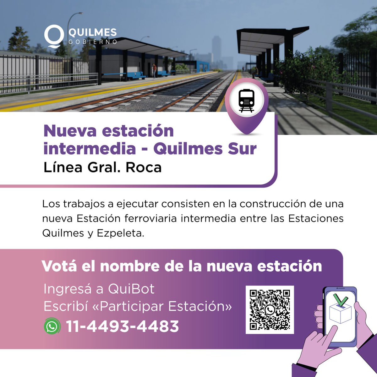 QuilmesMuni's tweet image. Con la nueva estación Quilmes Sur vamos a mejorar el transporte para la comunidad y facilitar el acceso a distintos puntos importantes de la ciudad.

Desde #QuiBot podés votar el nombre de la nueva estación escribiendo por WhatsApp al 11-4493-4483.

#TransformandoQuilmes