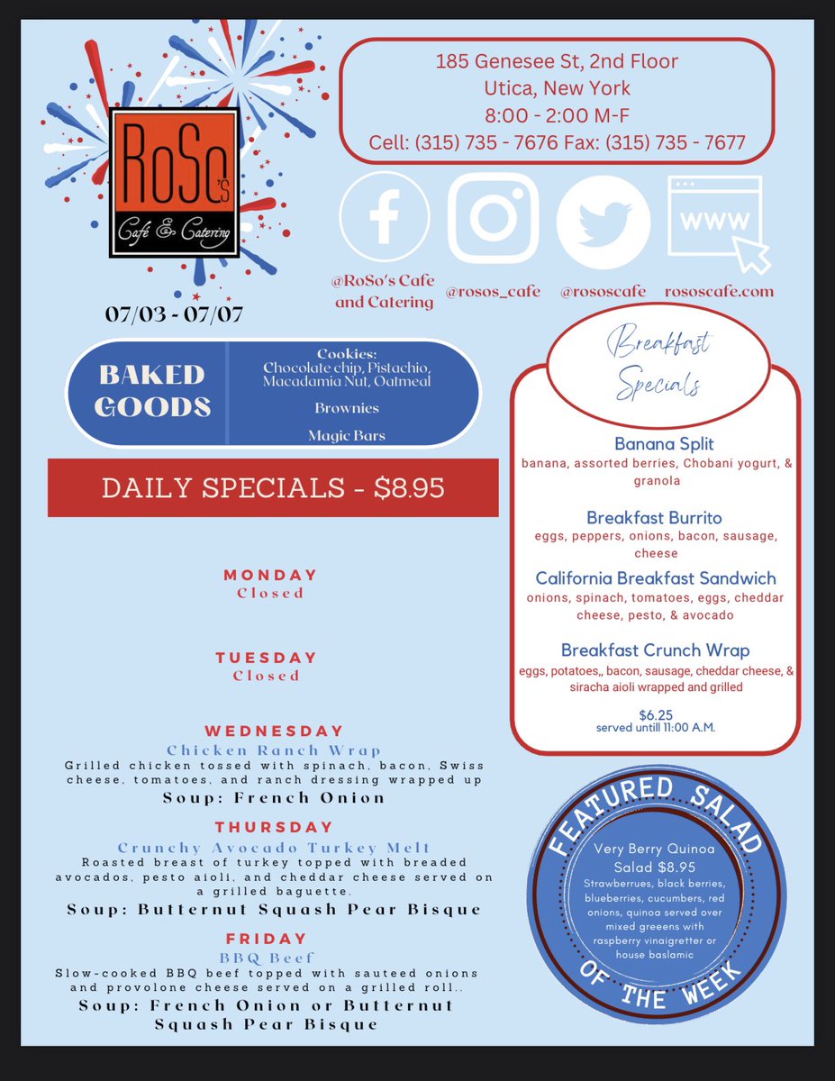 rososcafe's tweet photo. Happy 4th of July! Stop in and try one of our tasty specials 
#rososcafe #lunch #breakfast #catering #downtownutica #soups #salads #sandwiches https://t.co/pSM8lYNXdF