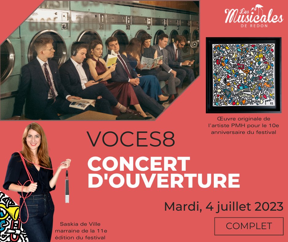Musicales_Redon's tweet photo. 🎉 Soirée d'ouverture des Musicales de Redon : COMPLET ! 🎉Cela sera une soirée d'ouverture mémorable, avec @voces8 ainsi que @saskiadeville , @pmh_doodle , et l'équipe bénévole du festival sans qui rien ne serait possible. Nous ne pouvons que vous remercier pour votre confiance. https://t.co/Huqq9UuDRZ
