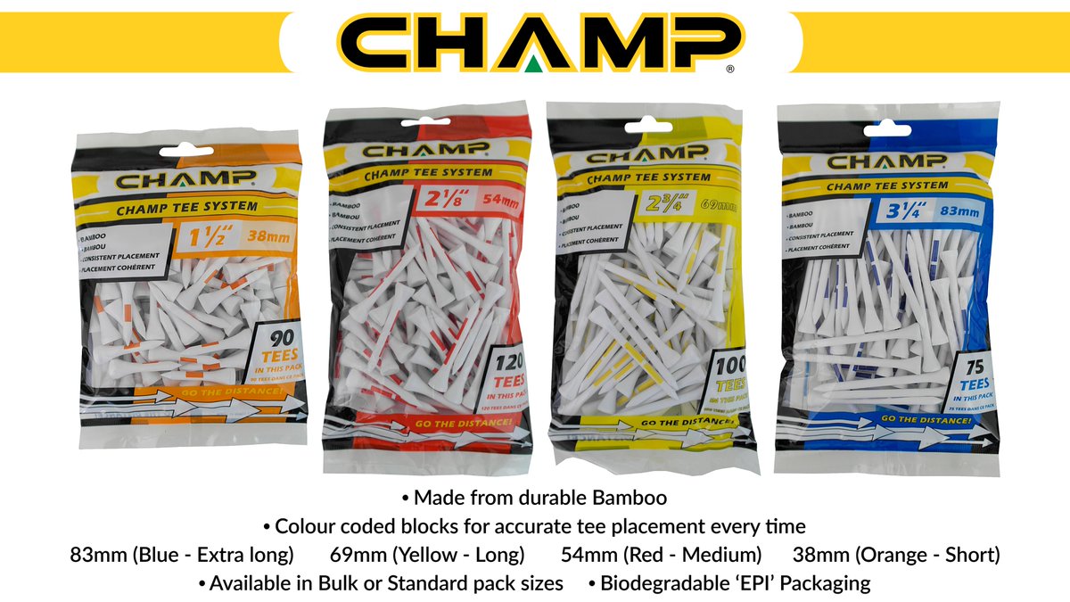 In stock now! - CHAMP durable bamboo tees in 4 sizes - 83mm 69mm 54mm &amp; 38mm - in Bulk or Standard sized biodegradable packs - colour coded blocks for accurate tee placement every time brandfusion.co.uk/ourbrands/champ #tees #golftees #golf