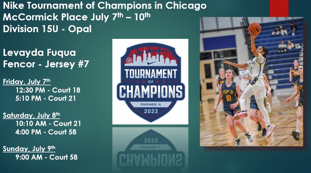 LfuquaD1's tweet photo. Here’s my schedule for the Nike Tournament in Chicago. Come see me. 
@CoachJamalNCSA #basketball #WBB #Chicago https://t.co/s8e6RQuEJX