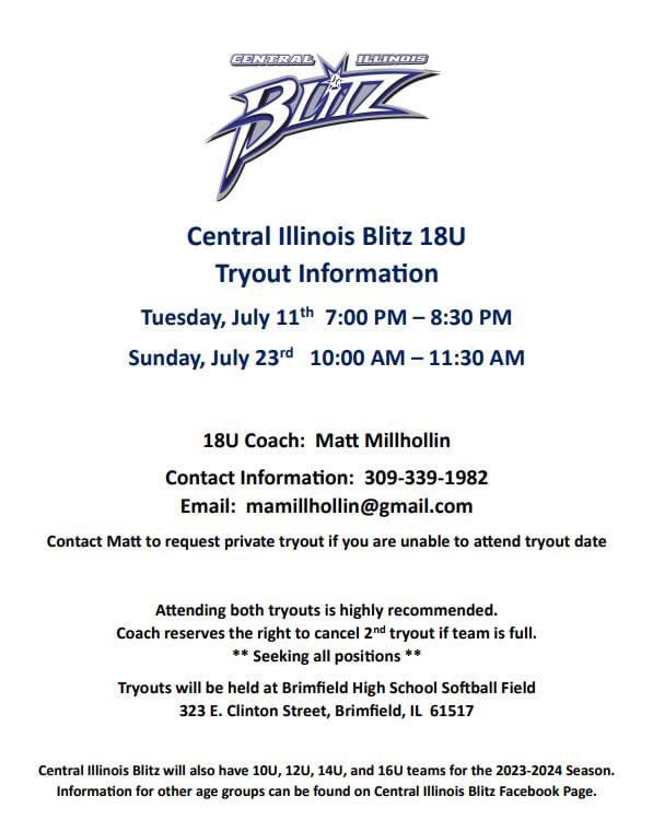 ✨ CI Blitz Tryouts begin next week!  ✨ 

18U Tryout Information can be found below.  

Be sure to register for tryouts via the below link:

docs.google.com/forms/d/e/1FAI…