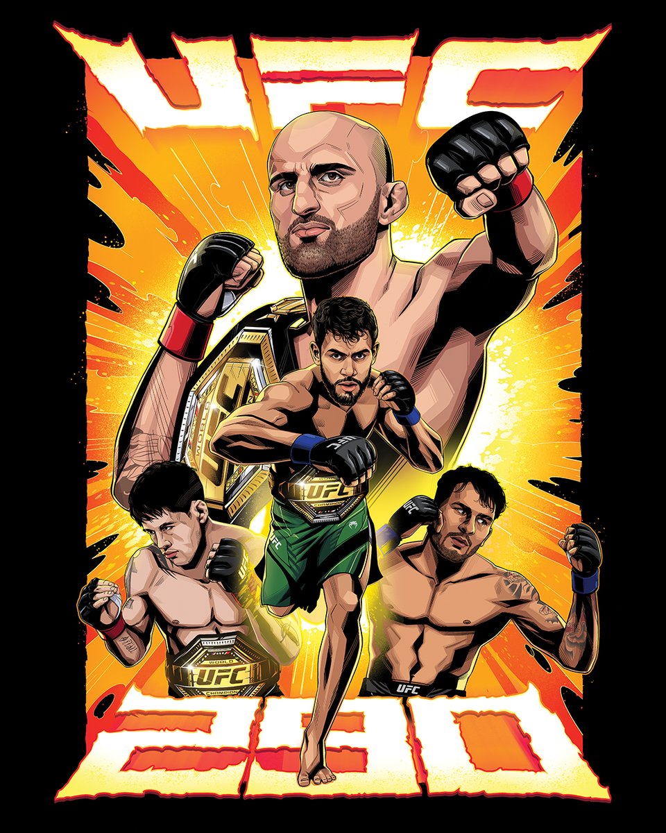ufc's tweet image. Two title fights, one MASSIVE night! 🏆

Grab the #UFC290 Artist Series design from the @UFCStore now

[ 🎨 by @Nikitos_Bugrov ]