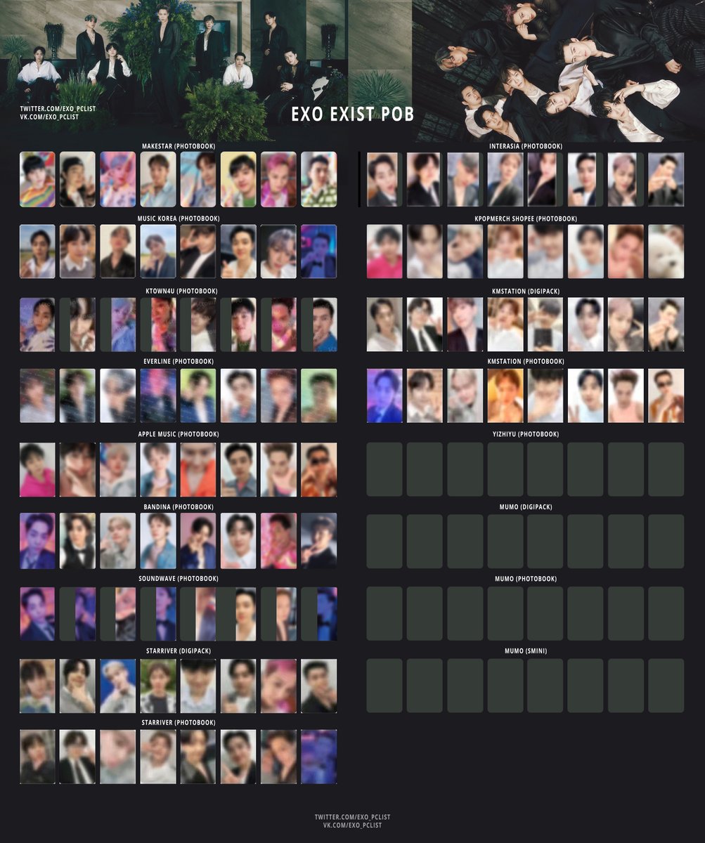 exo_pclist's tweet photo. EXO EXIST pre-order benefits (POB) template / list:
Makestar
Music Korea
Soundwave
Apple Music
Everline
Ktown4u
Bandina
Interasia
Starriver
KMStation (kms)
Mumo
Yizhiyu
KPop merch Shopee

Full: https://t.co/qOp2sOCVd5

#exo #exophotocard https://t.co/OpXkUWn3LN