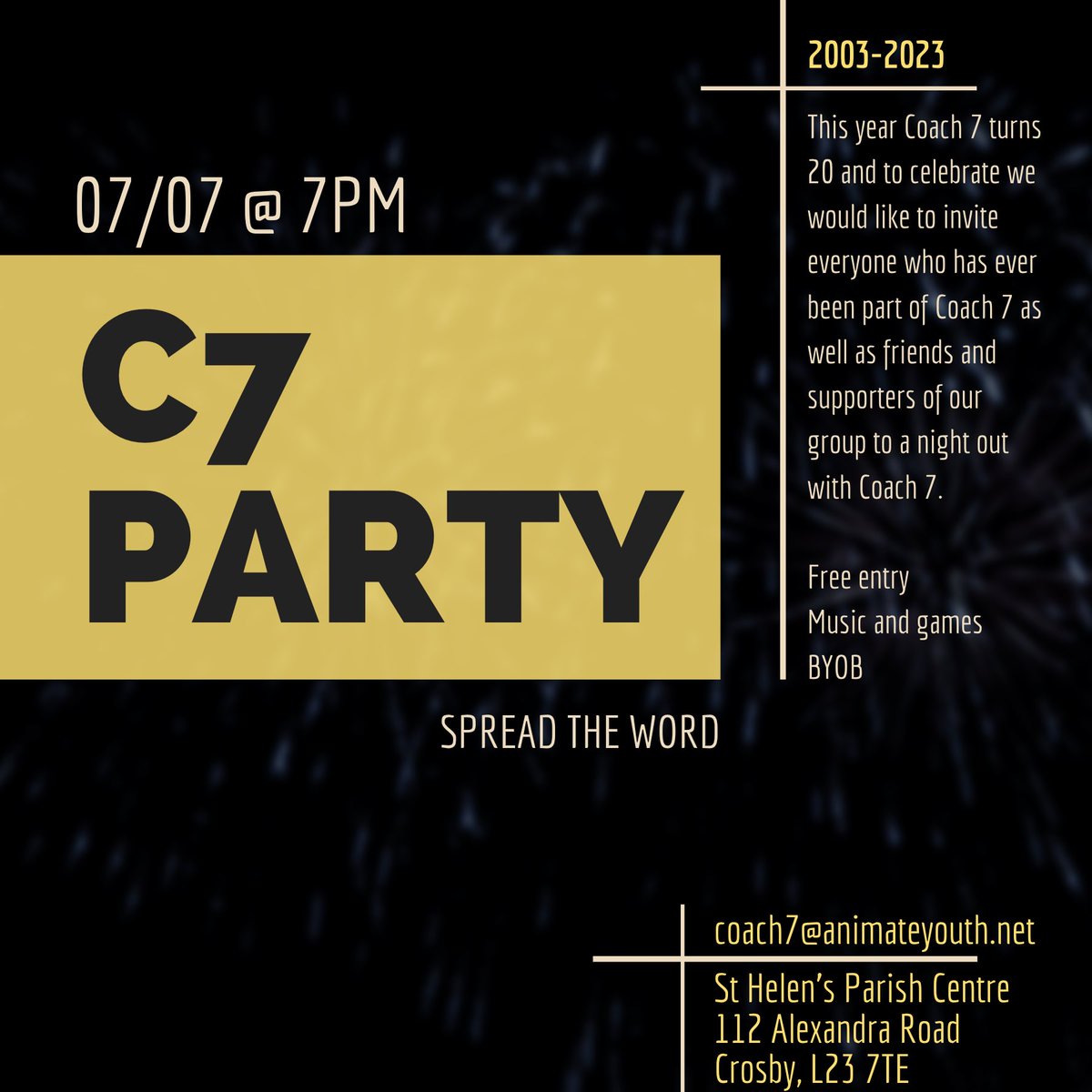 SeftonPilgrim's tweet photo. Our party is this Friday and we’re really looking forward to seeing you there.

It’s free - no tickets required.
Bring your own drinks.
Free Coach 7 cocktail on arrival!
Raffle.
Music.
Live music!
Wall of fame.
Photos and memories.
💛 https://t.co/a0gp70W9Ml