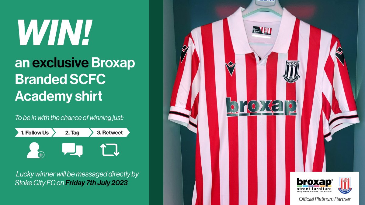 Want to get your hands on an exclusive Broxap-branded <a href="/stokecity/">Stoke City FC</a> Academy shirt? These are not on general sale so this is an unmissable opportunity for one lucky fan to add to their kit collection. To enter our competition, follow us, tag a friend and retweet by 12noon 06.07.2023.
