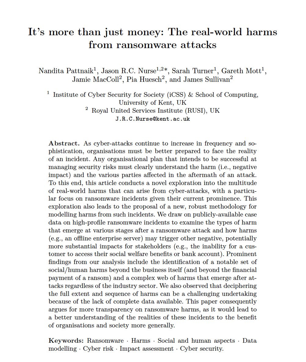 jasonnurse's tweet photo. A great presentation by @PattnaikNandita titled “It's more than just money: The real-world harms from ransomware attacks” at #HAISA2023 covering our @UniKent @RUSI_org project on #ransomware #harms & the #victim experience.
Check out the publication 📄: https://t.co/mJo2qTRKqJ https://t.co/UZrgMglfso