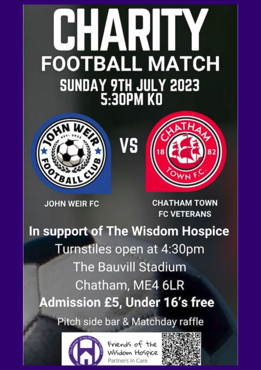 friendsofwisdom's tweet image. Join John Weir Funeral Directors this Sunday 9th July for a Charity Football Match against Chatham Town FC Veterans.   Kick Off is at 5.30pm.  

Admission £5.00, Under 16's free

#supportyourlocalhospice #friendsofwisdom #teamwisdom #community #charityfootballmatch #fundraising