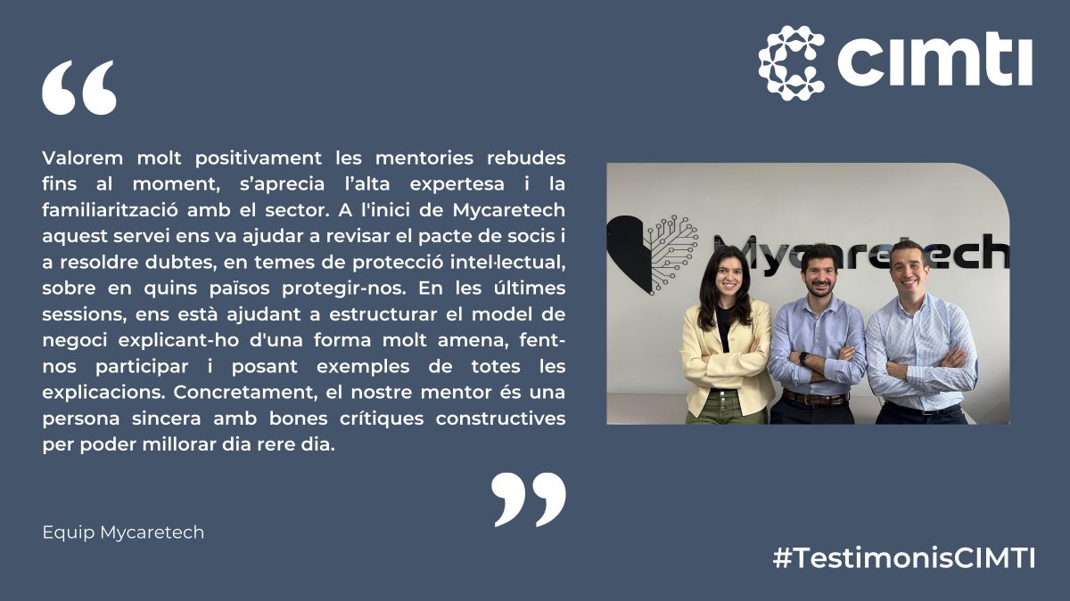 CIMTI_cat's tweet photo. 🗣️El projecte @mycaretech està rebent l'assessorament de les nostres persones expertes dins el #ProgramaImpacte per fer-lo créixer.
Ara, tu també pots accedir-hi! Si tens un projecte innovador que fomenti la salut de la dona, informa't sobre la #CRIDARepte CIMTI 2023 al fil. 👇 https://t.co/G1Vs93moBb