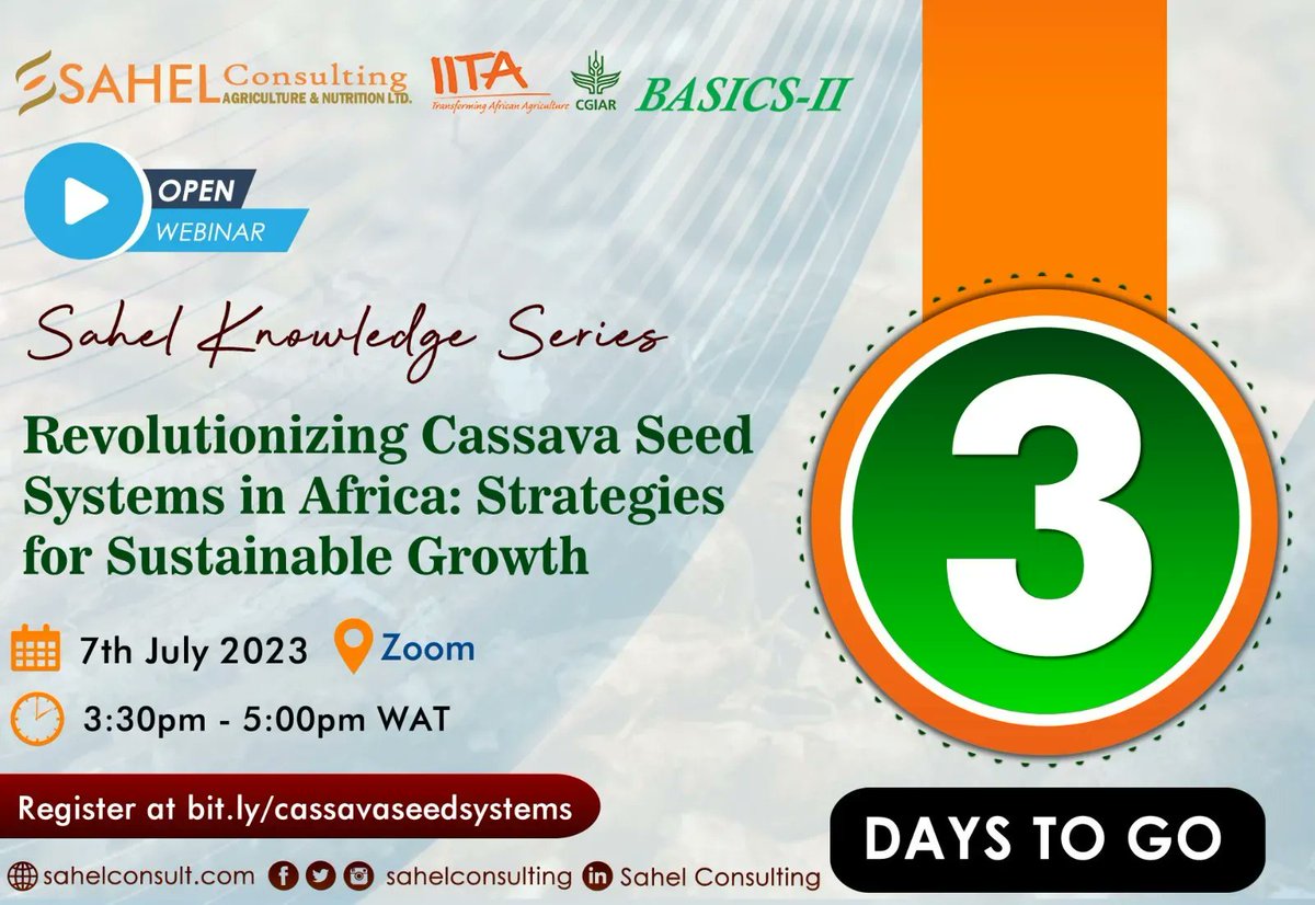 sahelconsulting's tweet image. 3 days left!!
⏳ Just 3 days remaining until the Sahel Knowledge Series featuring the incredible Dr. Godwin Atser! @GodwinAtser The anticipation is building up!
Register here: bit.ly/cassavaseedsys… 
#SahelKnowledgeSeries #Agriculture #LearningOpportunity #KnowledgeSharingSeries