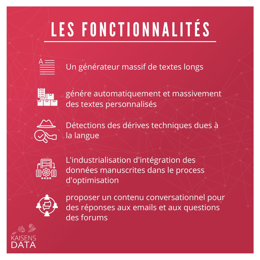 KaisensData's tweet photo. Découvrez Kaisens Gen, notre solution pour la génération de textes massifs et personnalisés. 💬💻

#KaisensData #BigData #Optimisation #DataScience  #KaisensGen #Textes #Optimisation #IntelligenceArtificielle  #Data #Ai #AccompagnementPersonnalisé https://t.co/B70xWh4Sbc