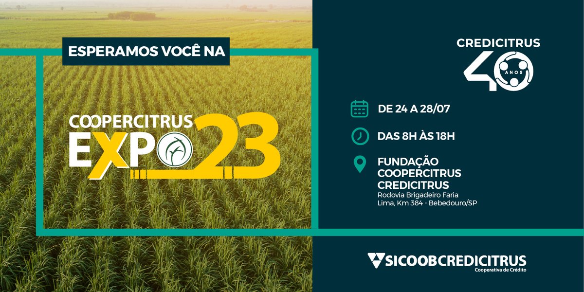 credicitrus's tweet photo. Estaremos na Coopercitrus Expo 2023 levando até você soluções financeiras personalizadas. Visite nosso estande de 24 a 28 de julho, das 8 às 18h.
#credicitrus #agro https://t.co/WVWEDGwRYG