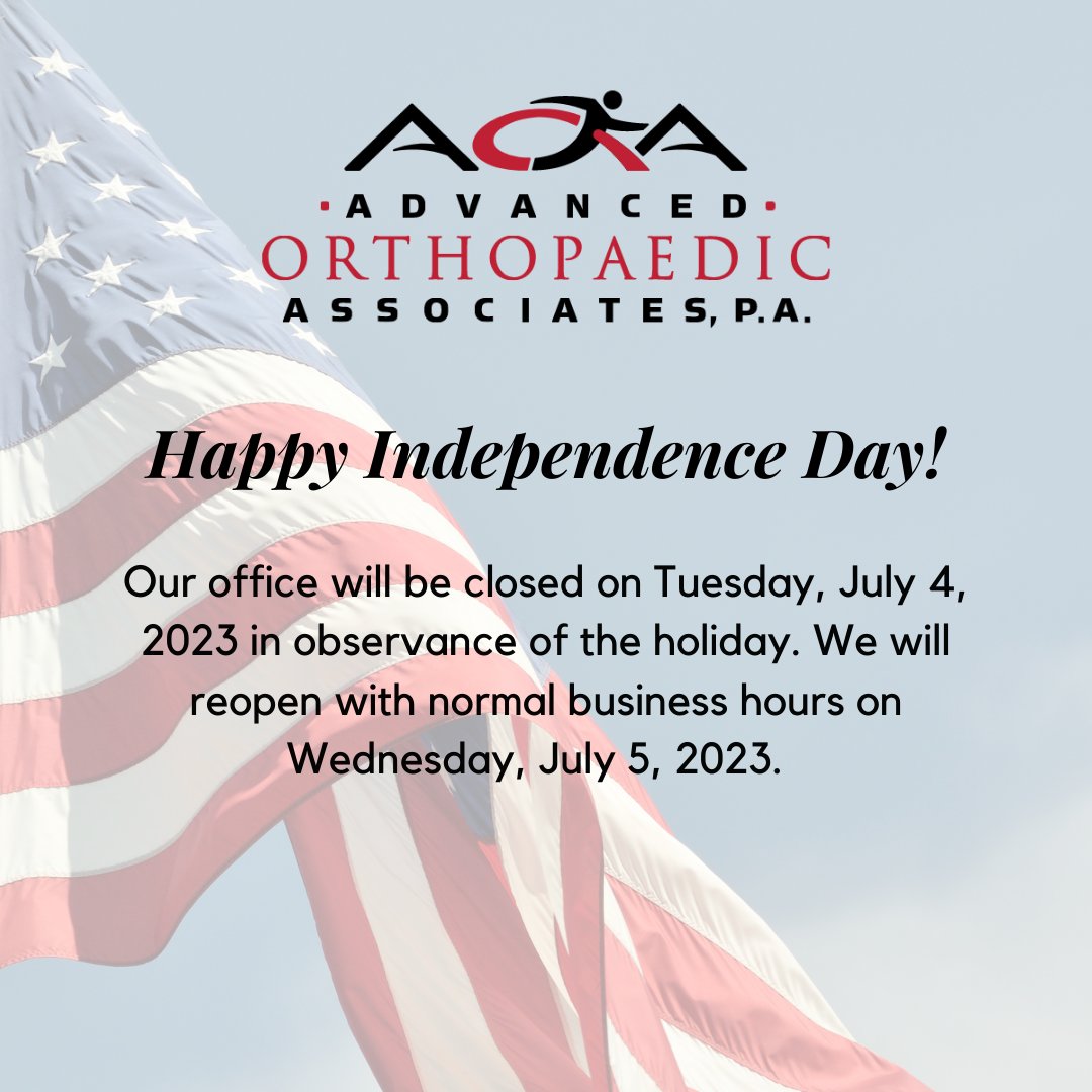 Happy Independence Day! In observance of the holiday our office will be closed on Tuesday, July 4, 2023 and reopen on Wednesday with normal business hours.