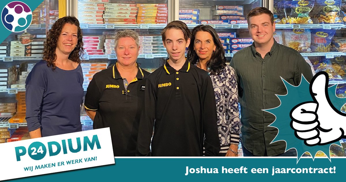 De 18-jarige Joshua uit Meerssen is aan het begin van dit schooljaar vanuit CSN Maastricht SO stage gaan lopen bij Jumbo Kuilenstraat Meerssen. Goed nieuws; Joshua heeft per 15 mei jl. een jaarcontract voor 20 uur per week gekregen. Hij is nu Chef Diepvries! 💪Klasse Joshua! ✅👍