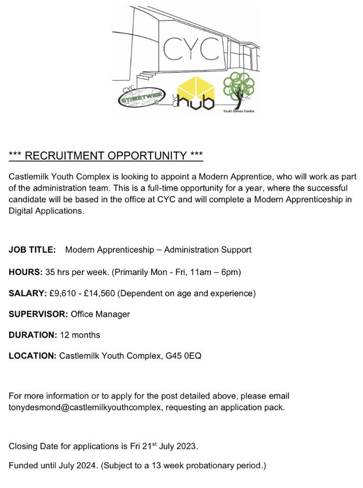 YouthComplexCYC's tweet photo. ***JOB OPPORTUNITY***

CYC are looking for an apprentice to join our admin team. 

See details on how to apply below. 

Closing date Fri 21st July at 4PM. 

#AppreticeshipOpportunity 
#YouthWorkMatters
#JobOpportunity https://t.co/unGLEVhg92
