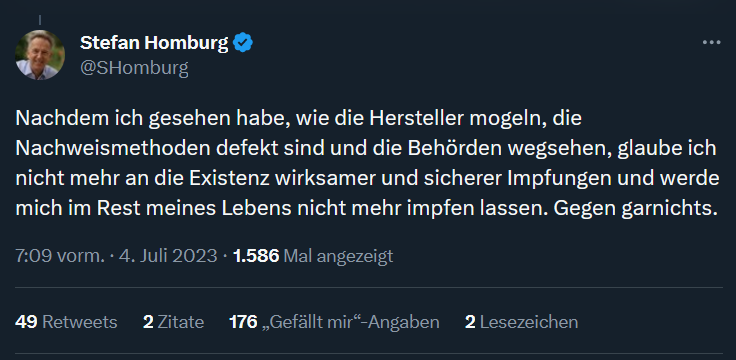 Desinformationsverbreiter #StefanHomburg lehnt mittlerweile alle Impfungen ab.

"[...] und werde mich im Rest meines Lebens nicht mehr impfen lassen. Gegen garnichts."

Nächster möglicher Halt:
Gründung des Vereins "Freunde der Kinderlähmung".
