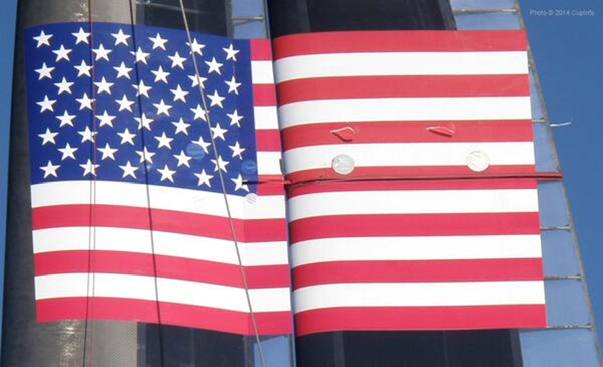 CupInfo's tweet photo. American flag on USA #AC72 wing, America's Cup, San Francisco.  Happy Independence Day from all of us at CupInfo [with deference to our British friends] #AC37 #AmericasCup @EmiratesTeamNZ @ineosbritannia @alinghiredbull @lunarossa @orientexpress @NYYCAmericanMag @americascup https://t.co/9DsdtSmxnH