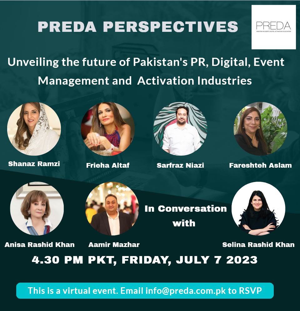 Join us for the 1st Preda Virtual Event this Friday <a href="/430pm/">430pm</a>. Get a perspective on the future of Pakistan’s PR. Digital, Event Management &amp; Activation Industry. <a href="/Catwalk_Events/">Catwalk</a> link below