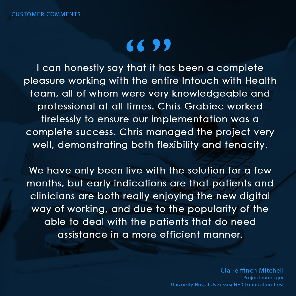 Intouch with Health (@intouchflow) on Twitter photo What wonderful feedback following a recent go-live of the <a href="/Intouchflow/">Intouch with Health</a> Platform!
Chris & his Projects team work incredibly hard behind the scenes each & every day, delivering our award-winning #PatientFlow solutions across the #NHS.
Congratulations to the whole team! What wonderful feedback following a recent go-live of the <a href="/Intouchflow/">Intouch with Health</a> Platform!
Chris & his Projects team work incredibly hard behind the scenes each & every day, delivering our award-winning #PatientFlow solutions across the #NHS.
Congratulations to the whole team!
