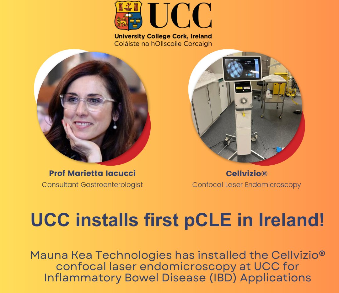 The Department of Medicine's Professor Marietta Iacucci has installed the Cellvizio® by Mauna Kea Technologies at UCC. This is the first installation of this #pCLE in Ireland!

Read the announcement here: rb.gy/qya6a

#MedEd #MedTwitter #UCC #Cellvizio #MaunaKeaTech