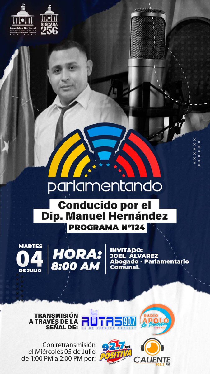 Manueljuventud2's tweet photo. #4Jul ¡Buenos días ! Nos estamos preparando para regresar a la cabina de @RutasFM en una nueva edición de nuestro programa #Parlamentando. Hoy estaremos conversando con el Abogado Joel Álvarez Parlamentario Comunal sobre la Ley Orgánica de los Consejos Comunales. ¡Los espero! https://t.co/pP6WdV5ZFn