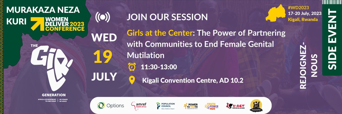 📢 As the world gathers yet again for the #WD23 🇷🇼, we are pleased to invite you to our side event 
Girls at the Center:The Power of Partnering with Communities to End Female Genital Mutilation/Cutting.
🗓️ 19th July, 2023
⏰ 1130-1300 GMT+2
Register Now👉t.ly/x0CCW👈