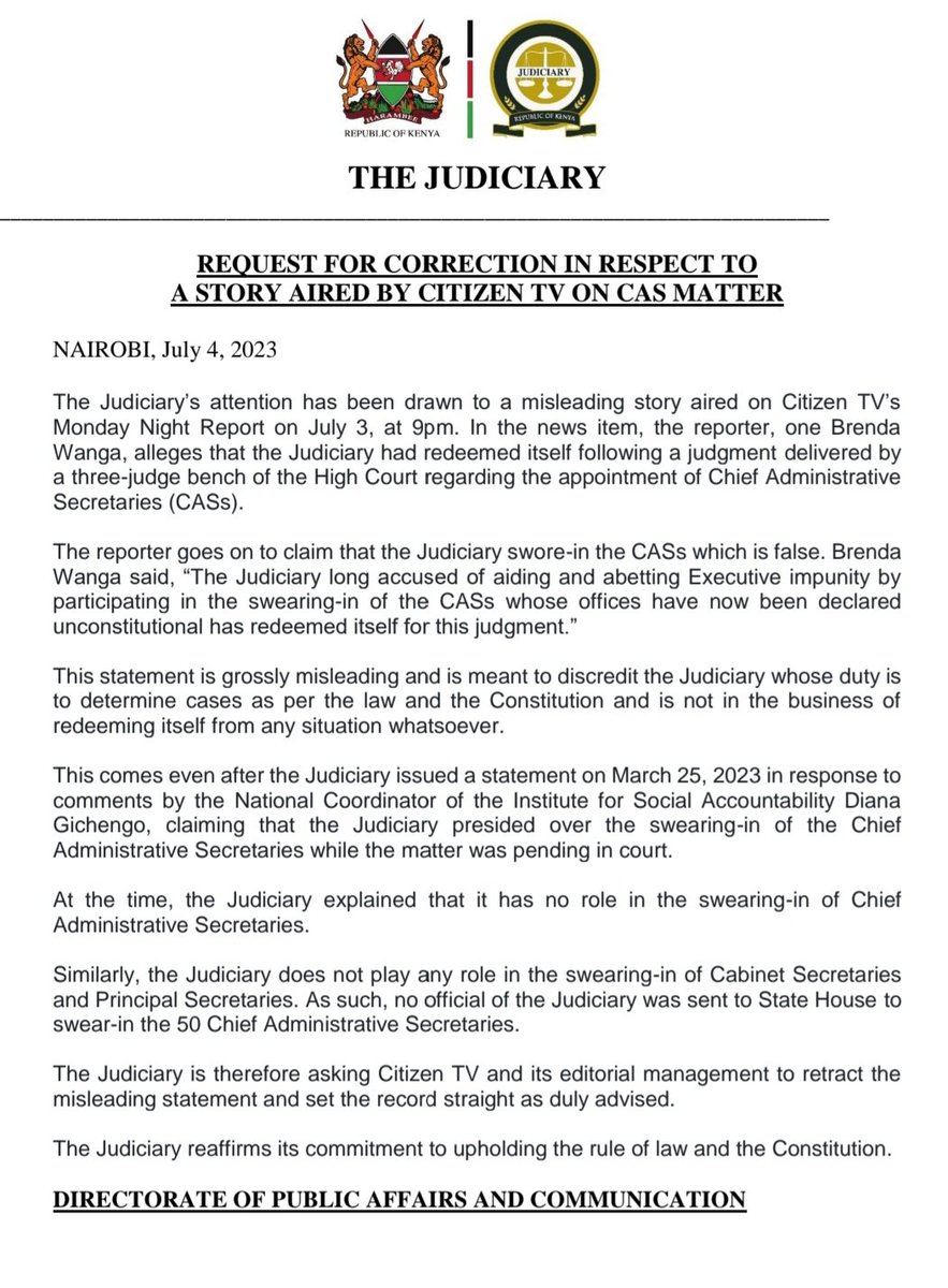 Kenyajudiciary's tweet image. Erroneous story aired by Citizen TV on CAS Matter.