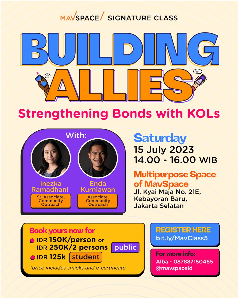 Get ready for MavSpace's highly anticipated 5th Signature Class, where we dive into an exciting theme that will empower your brand or organization: Building Allies - Strengthening Bonds with KOLs!

Don't miss out! Register at bit.ly/MavClass5 and let the journey begin!