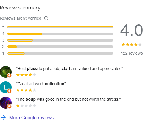 Enjoying the Google reviews for Deutsche Bank's London offices

Looks like something for everyone here - just don't order the soup