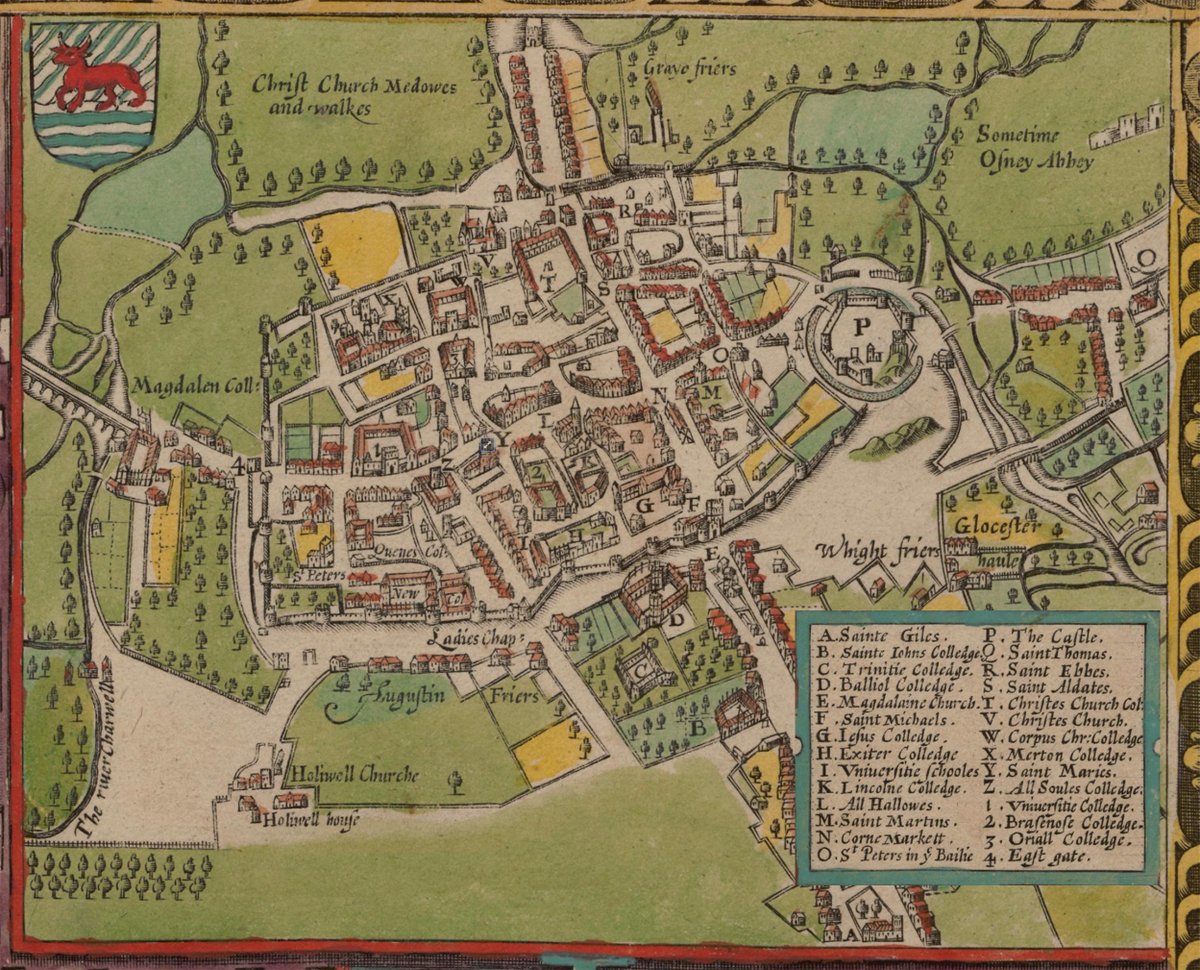 HMCOxford's tweet photo. John Speed's map of Oxford, 1605. Oxford is still a walled city, but some buildings are outside the walls, incl @magdalenoxford. Holywell St now runs along the line of the north (that is bottom) wall. #MapMonday
📷John Speed (1542–1629), Public domain, @WikiCommons https://t.co/pM9xf1Qk5G