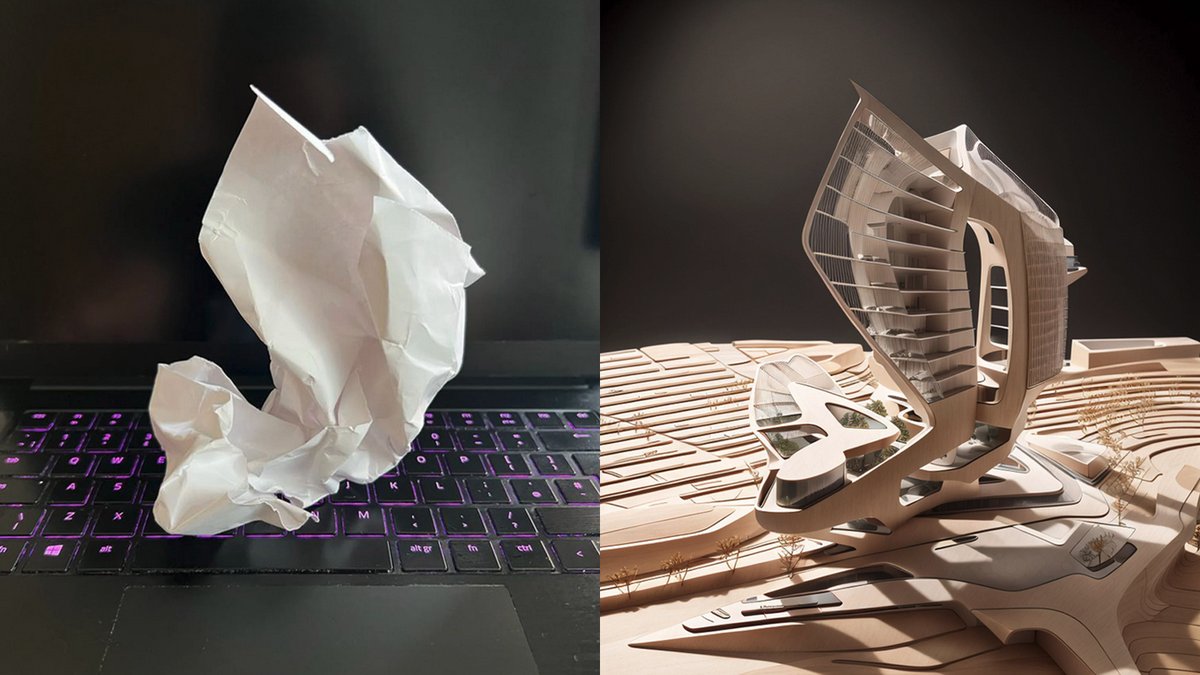 DesignEmergence's tweet photo. As part of a research collaboration with an all new AI model specialising in architectural design, Designer Tim Fu used LookX to design a series of buildings using visual prompts which transformed crumpled paper into starchitect buildings.
https://t.co/0cVcCTGgpG
#designemergence https://t.co/JIMBHtbSyr