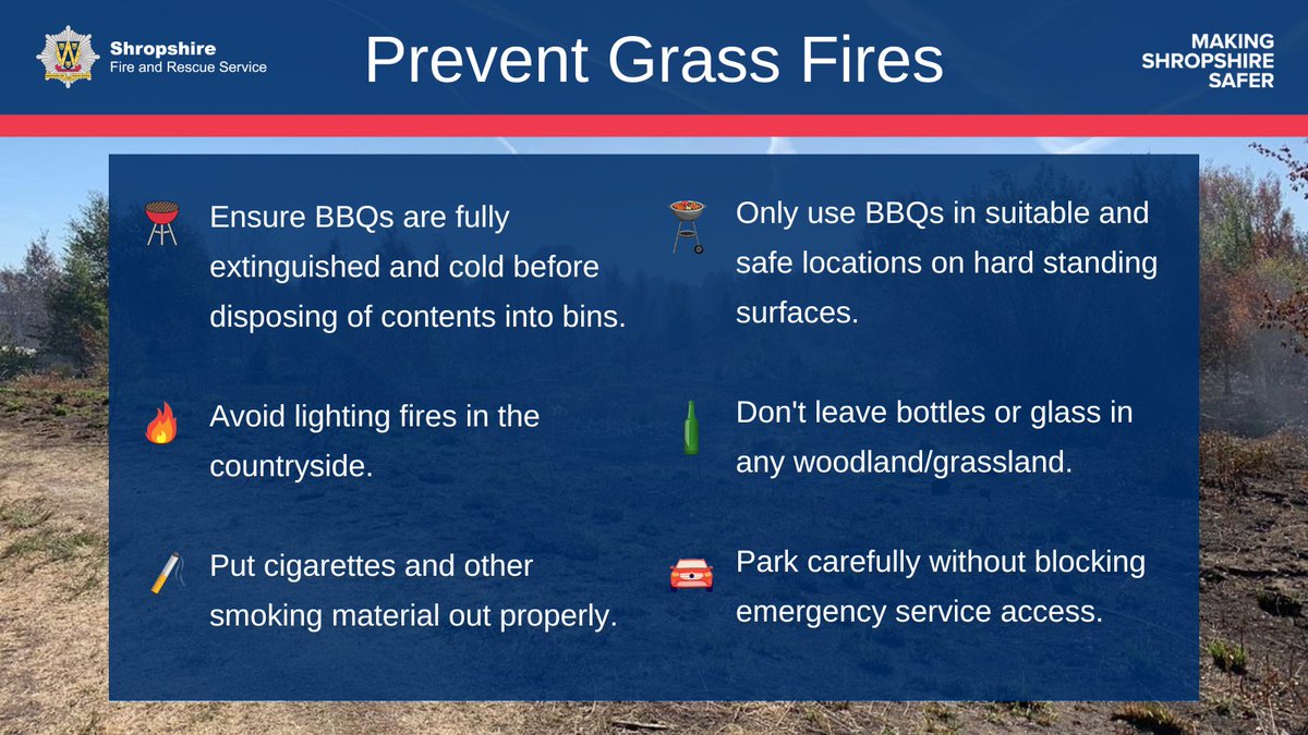 Don't be a pain in the grass 🔥

Most grass fires are caused by BBQs, campfires and discarded cigarettes.

These fires spread rapidly and indiscriminately.

Enjoy the hot weather and countryside responsibly and follow these simple rules 👇