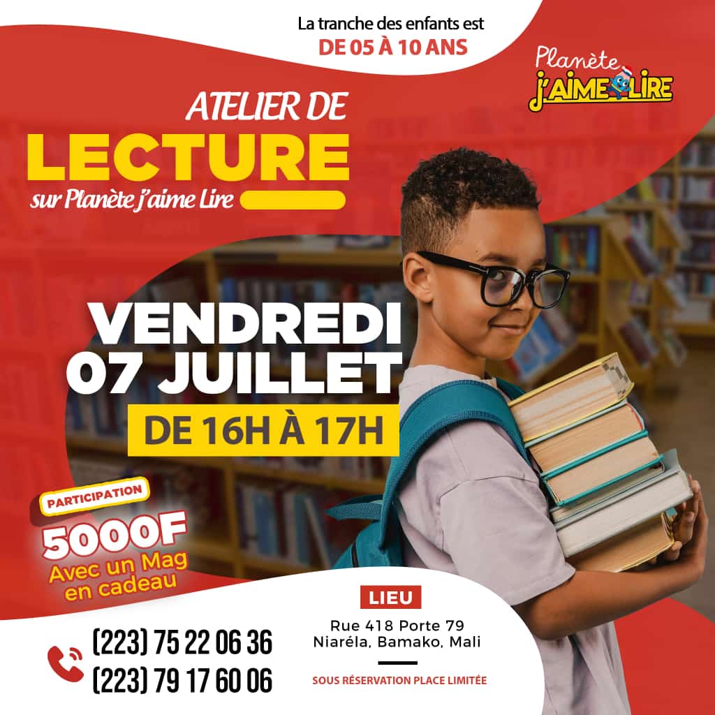 Une belle activité à #Bamako pour occuper vos enfants pendant ces vacances à travers la lecture. Ce vendredi 7 juillet à partir de 16h, rendez-vous à l'atelier de lecture Planète J'aime lire.

 #vacancemali #enfant #lecture #faireliresonenfant #vacance #Mali