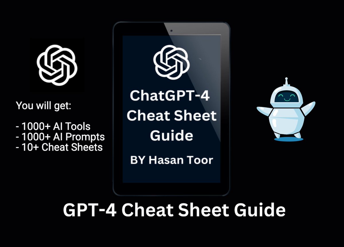 hasantoxr's tweet image. Everyone is using ChatGPT.

So I built "GPT-4  Cheat Sheet Guide" for you. 

You will get:

- 1000+ AI Tools
- 1000+ AI Prompts
- 10+ Cheat Sheets created by me

Get it now for FREE:

Just:
• Like this tweet
• Retweet
• Claim the FREE guide from link down below👇