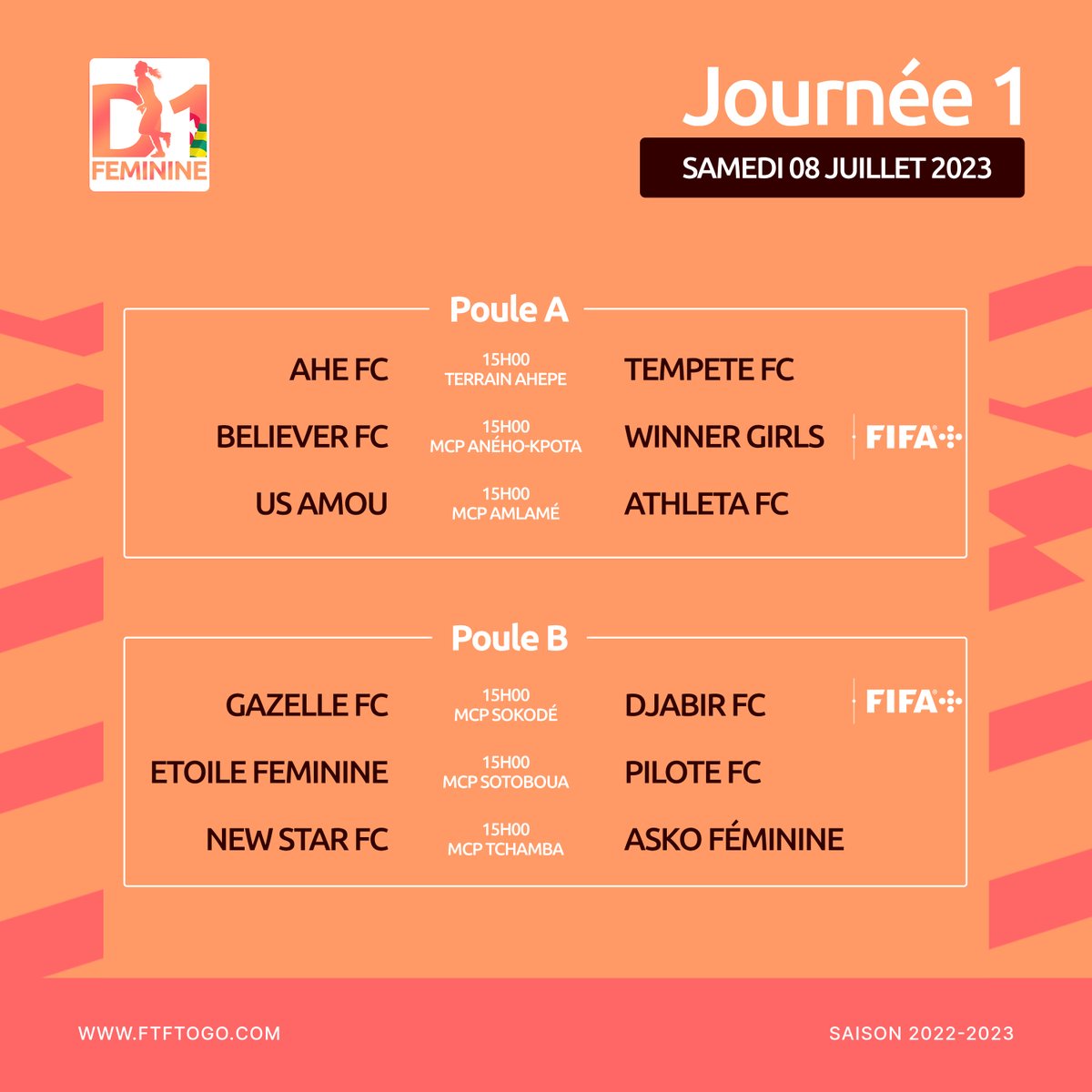 FtfTogolaise's tweet photo. 🚨 Alerte foot féminin ! 

🌟 Le coup d'envoi de la D1 féminine est prévu pour ce samedi 8 juillet. 

⚽️💥 Soyez au rendez-vous pour soutenir vos équipes favorites ! https://t.co/Xdf8d1ep1r