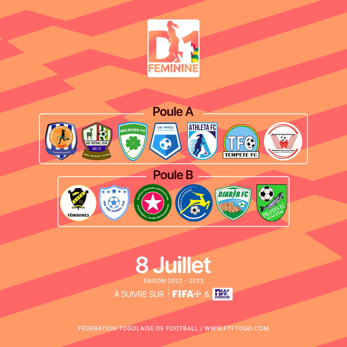 FtfTogolaise's tweet photo. 🚨 Alerte foot féminin ! 

🌟 Le coup d'envoi de la D1 féminine est prévu pour ce samedi 8 juillet. 

⚽️💥 Soyez au rendez-vous pour soutenir vos équipes favorites ! https://t.co/Xdf8d1ep1r