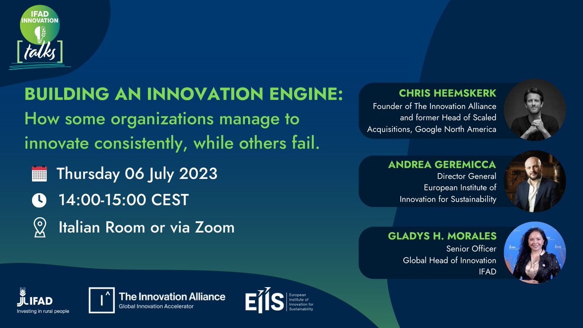 Gladys H. Morales (@gladyshmorales) on Twitter photo 🚨 Guess who is visiting us in Rome❓ <a href="/IFAD/">International Fund for Agricultural Development</a> #EIIS & <a href="/InnovationAlli/">InnovationAlliance</a> are pleased to invite you to a #MasterClass with <a href="/ThinkWithChris/">Chris Heemskerk</a>, Founder #InnovationAlliance & ex-<a href="/Google/">Google</a> .
⏰ WHEN: 6 July, 2:00 – 3:00 pm (Rome time).
HOW TO JOIN:
🔗 REGISTER HERE: lnkd.in/dXkiG5Ns 🚨 Guess who is visiting us in Rome❓ <a href="/IFAD/">International Fund for Agricultural Development</a> #EIIS & <a href="/InnovationAlli/">InnovationAlliance</a> are pleased to invite you to a #MasterClass with <a href="/ThinkWithChris/">Chris Heemskerk</a>, Founder #InnovationAlliance & ex-<a href="/Google/">Google</a> .
⏰ WHEN: 6 July, 2:00 – 3:00 pm (Rome time).
HOW TO JOIN:
🔗 REGISTER HERE: lnkd.in/dXkiG5Ns