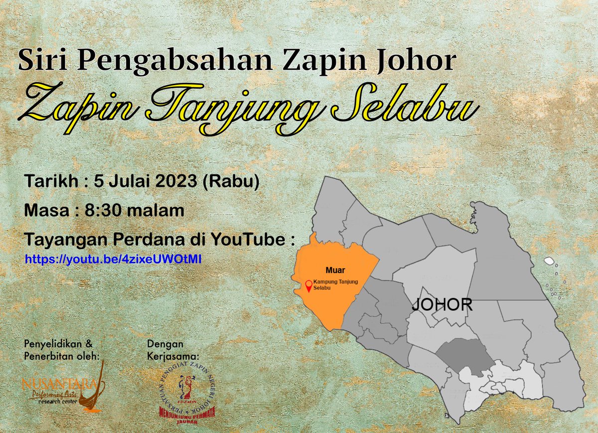 NusPARC's tweet photo. Tayangan Perdana Siri Pengabsahan Zapin Johor - Zapin Tanjung Selabu

Saksikan tayangan perdana Siri Pengabsahan Zapin Johor – Zapin Tanjung Selabu tajaan Nusantara Performing Arts Research Center (NusPARC) pada:

5 Julai 2023 (Rabu)
8.30 malam
https://t.co/Y8CQa530yg https://t.co/qCoCprBpFQ