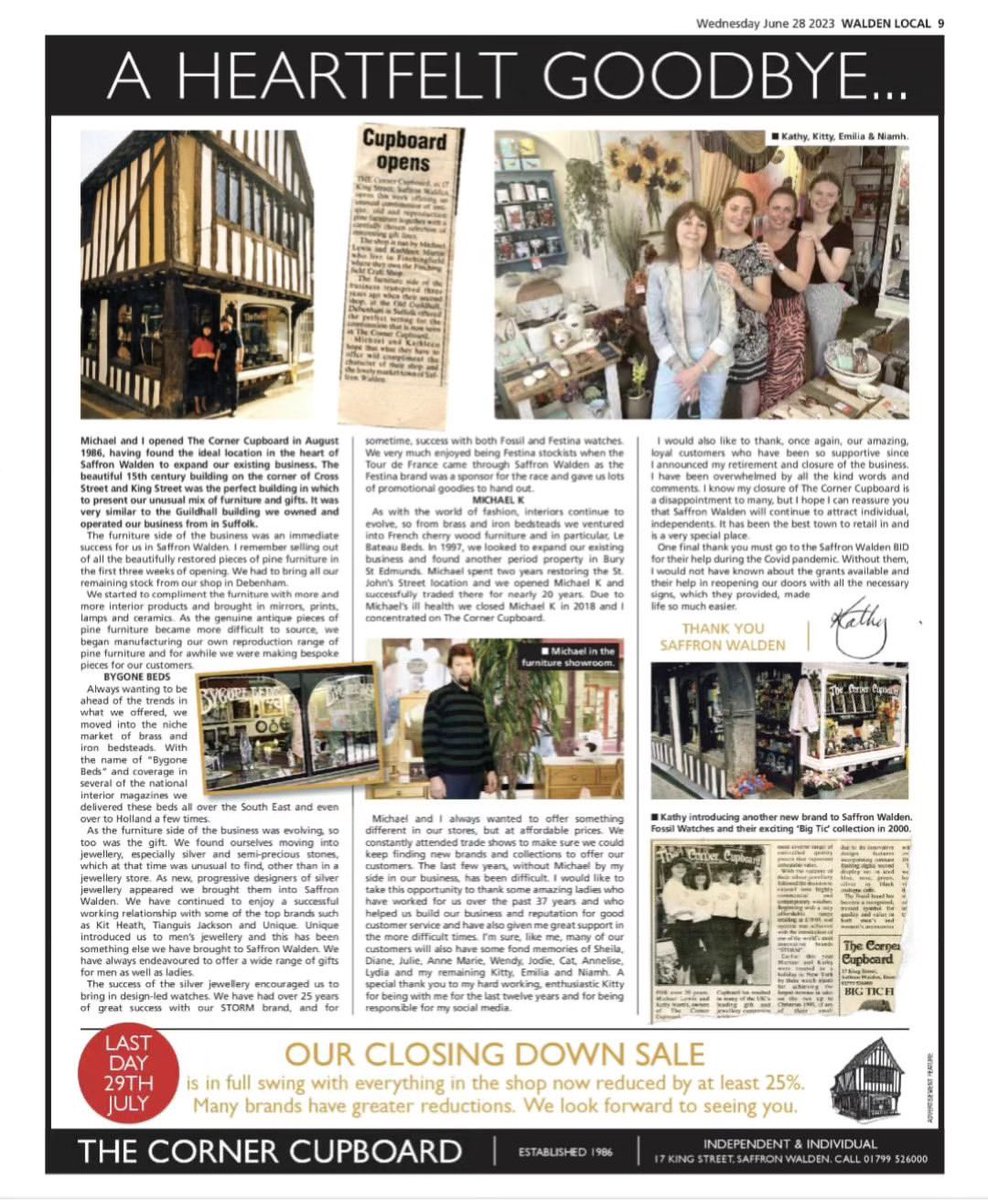 Wishing @thecornercupboard all the best with their retirement. After an amazing 37 years they will be closing their doors at their #saffronwalden store and taking some well-deserved timeout. All the best from @lovesaffronwaldenessex 💜