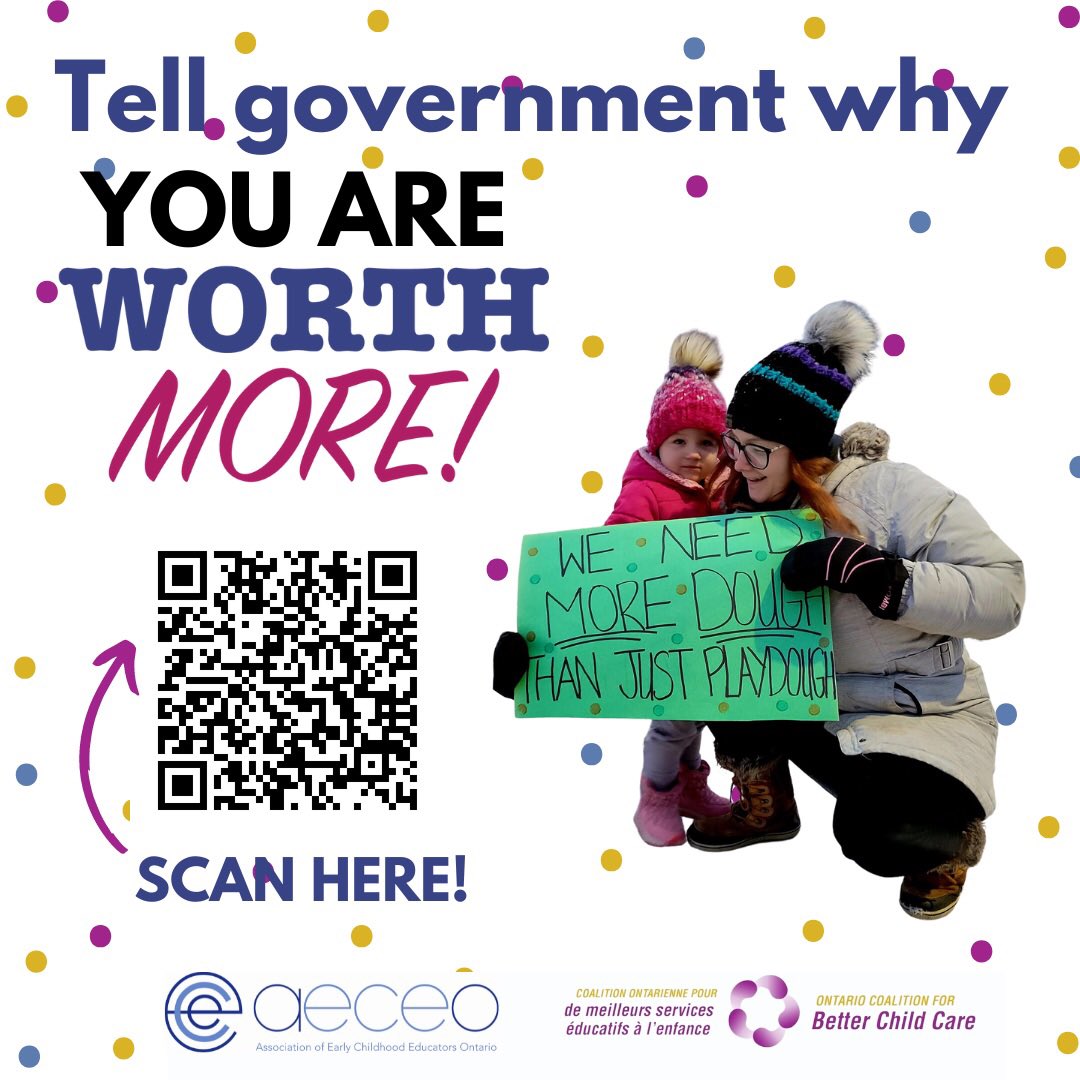 The AECEO &amp; <a href="/ChildCareON/">Ontario Coalition for Better Child Care</a> remain dedicated to bringing ECE voices to the table. The info you provide will be used to guide our work as we continue to meet with Federal, Provincial, and Municipal governments throughout the summer. bit.ly/44rTw1u or scan the QR code