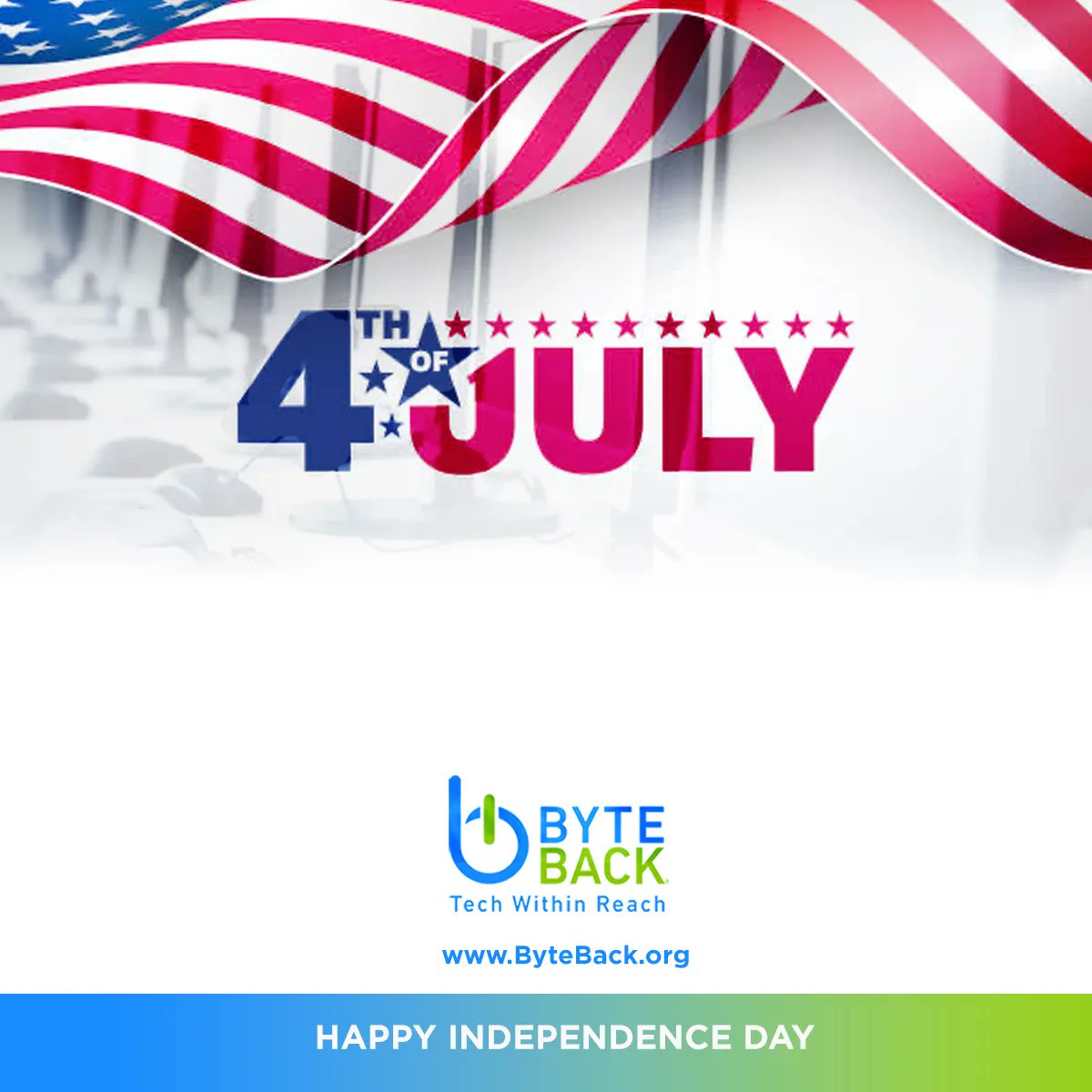 We_ByteBack's tweet photo. 🎉 Happy Independence Day! 🇺🇸

All Byte Back sites will be closed on July 4th to observe the holiday. Enjoy a day of celebration, joy, and quality time with loved ones. We'll be back on July 5th, continuing to empower individuals with digital skills. #IndependenceDay #WeByteBack https://t.co/xST1yIFkac