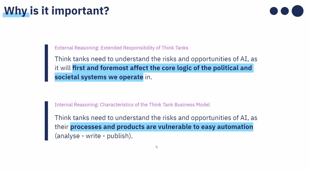 Think tanks' business models are vulnerable to automation. How to benefit from #ChatGPT as a researcher and policy advisor? I learned a lot @ThinkTank_Lab lunch talk on #GenerativeAI and #thinktanks today. Thx to the speakers &amp; Think Tank Lab team for this concise briefing!